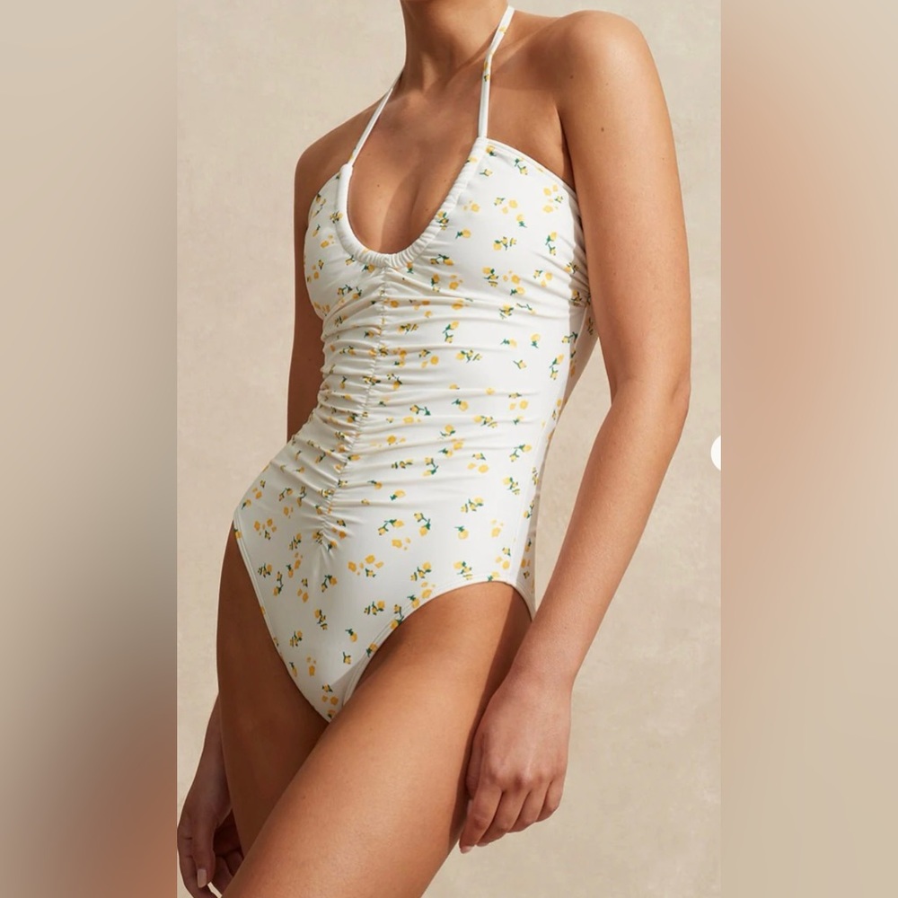 FREE PEOPLE X PEONY Ruched Vacation Floral Limonata OnePiece Halter size XS $220